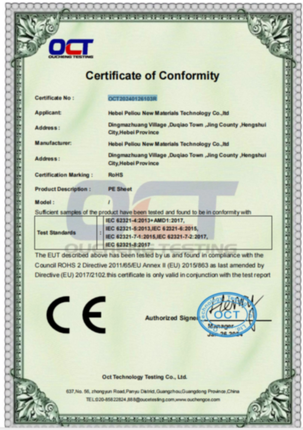 CE certificate of PE sheet